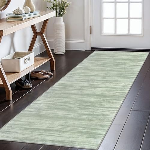 KOZYFLY Modern Abstract Runner Rugs 2x6 Green Machine Washable Area Rug for Bedroom Non-Slip Living Room Rug, Faux Wool Soft Low Pile Office Carpet for Dining Room, Bedroom, Kitchen Bathroom