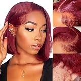 YFFSSJFC 99J Burgundy Bob Wigs Human Hair 13x4 lace Front Wigs Human Hair 200% Density Short Straight Frontal Bob Wigs For Women Pre Plucked with Baby Hair Natural Hairline（10 Inch）