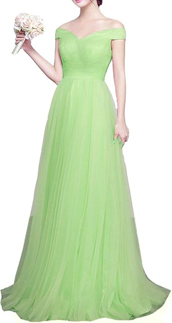 Lemai Off Shoulder Tulle Pleats Simple Long Prom Evening Dress Bridesmaid Gown