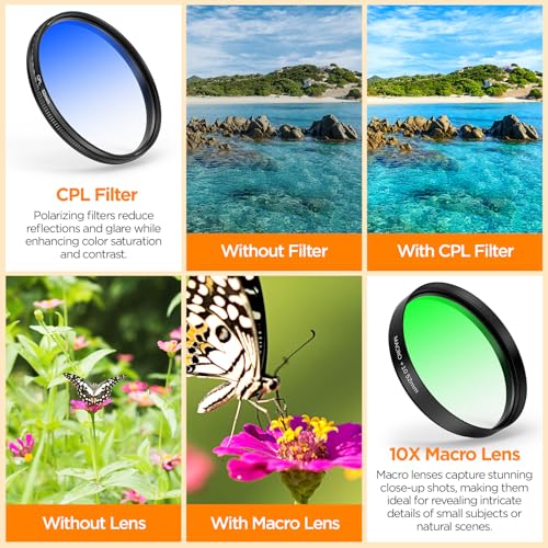 Image of 52MM Coral Reef and Reef Tank Filter Kit for Phone, CPL Polarizing+20,000k Yellow+15,000k Orange+10x Macro, Clip, Saltwater Aquarium Lens Compatible with iPhone16 15 Pro Max Samsung Moto Google TCL