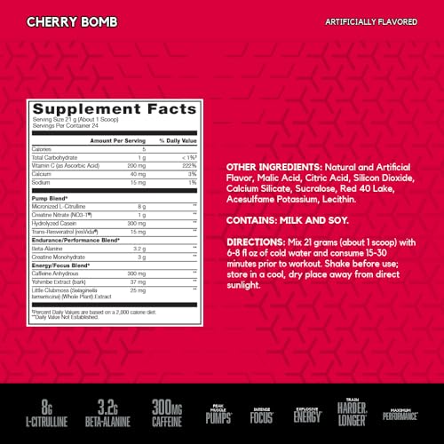 Image of BSN N.O.-XPLODE Vaso Pre Workout Powder with 8g of L-Citrulline and 3.2g Beta-Alanine and Energy, Flavor: Cherry Bomb, 24 Servings