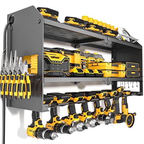 YYR Power Tool Organizer with Charging Station Wall Mount Cordless Drill and Battery Holder for Garage Organization Electric Tools Storage Rack Build in Surge Protection Power Strip - Black Shelf