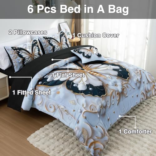 Image of A Nice Night 6pcs Bed in A Bag Black and Glod Dreamy 3D Butterfly Pearl Flower Design, Butterflies Printed Bedding Twin Comforter Set, for Girls Kids Teens