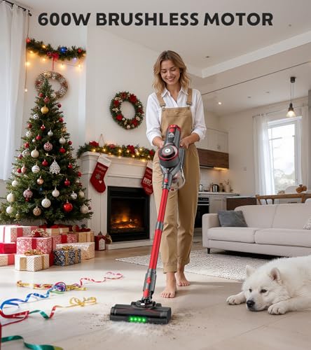 Image of K25 Cordless Vacuum Cleaner, 650W 55KPa Stick Vacuum, 70Min Runtime (Red)