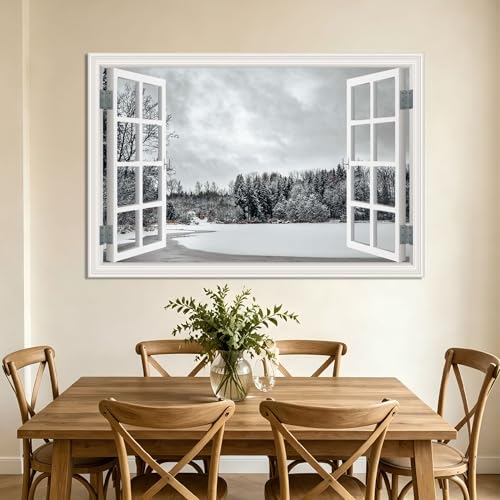 Toile fenêtre trompe-l'œil d'une forêt enneigée poétique et apaisante - 3