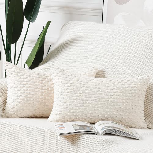 Madizz Pack of 2 Boho Corduroy Cushion Covers 16x24 inch, 40x60 cm, Cream White Soft Decorative Throw Pillow Covers for Bedroom Sofa Pillow Shell
