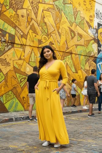 Image of Runwind Plus Size Dress for Women - 3 /4 Sleeve V Neck Maxi Dresses for Women (XL-6XL)