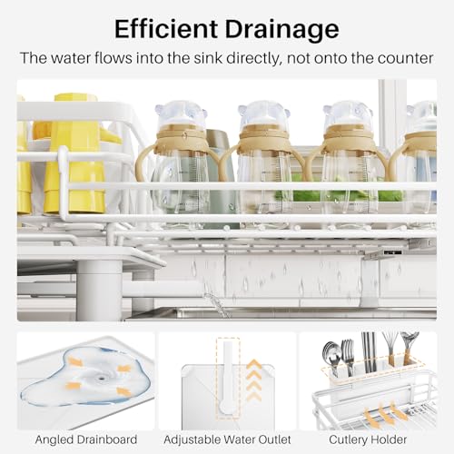 Image of SNTD Dish Drying Rack - Extendable Dish Rack, Large Sink Drying Dish Drainer for Kitchen Counter, Stainless Steel Dish Strainer with Utensil Holder (White)