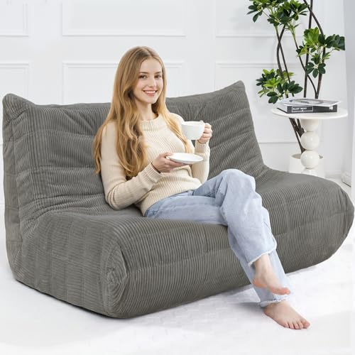 Image of Bean Bag Chair,Giant Beanbag Chairs for Adults,Comfy Large Fireside Chair Lazy Sofa,Corduroy Bean Bag Lounger with Memory Foam Filled,Floor Sofa Couch for Living Room (Light Grey, Loveseat)