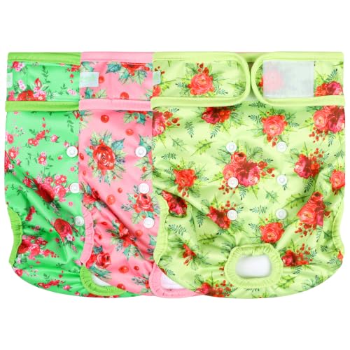 Image of wegreeco Washable Female Dog Diapers Highly Absorbent Reusable Diapers for Dog in Heat Period, 3 Pack (Rosess, Large)