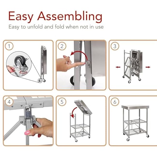 Origami RBT Foldable Kitchen Island Cart, Storage Table Organizer with Wheels, Silver-sN9F8Nev