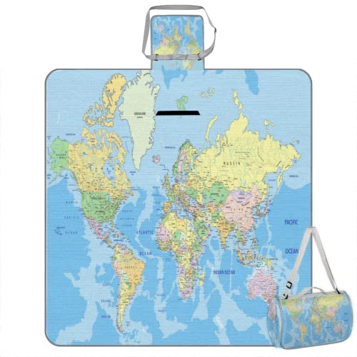 AUUXVA World Map Picnic Blanket, Waterproof and Sandproof Foldable Picnic Mat, Outdoor Beach Mat,for Beach, Grass, Picnic, Camping, Park (57x59 Inches)