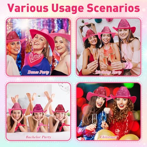 Image of Coume 12 Pcs Sparkly Adults Cowboy Hat and Bandanas Women Men Western Glitter Cowgirl Party Hats with Adjustable Drawstring