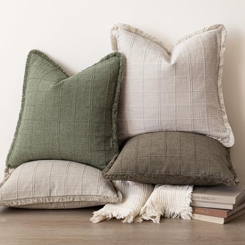 Image of Foindtower Set of 2 Decorative Linen Check Fringe Throw Pillow Covers Farmhouse Vintage Cushion Covers Modern Boho Home Decor for Sofa Chair Couch Bedroom Living Room,22x22 Inch,Olive Green