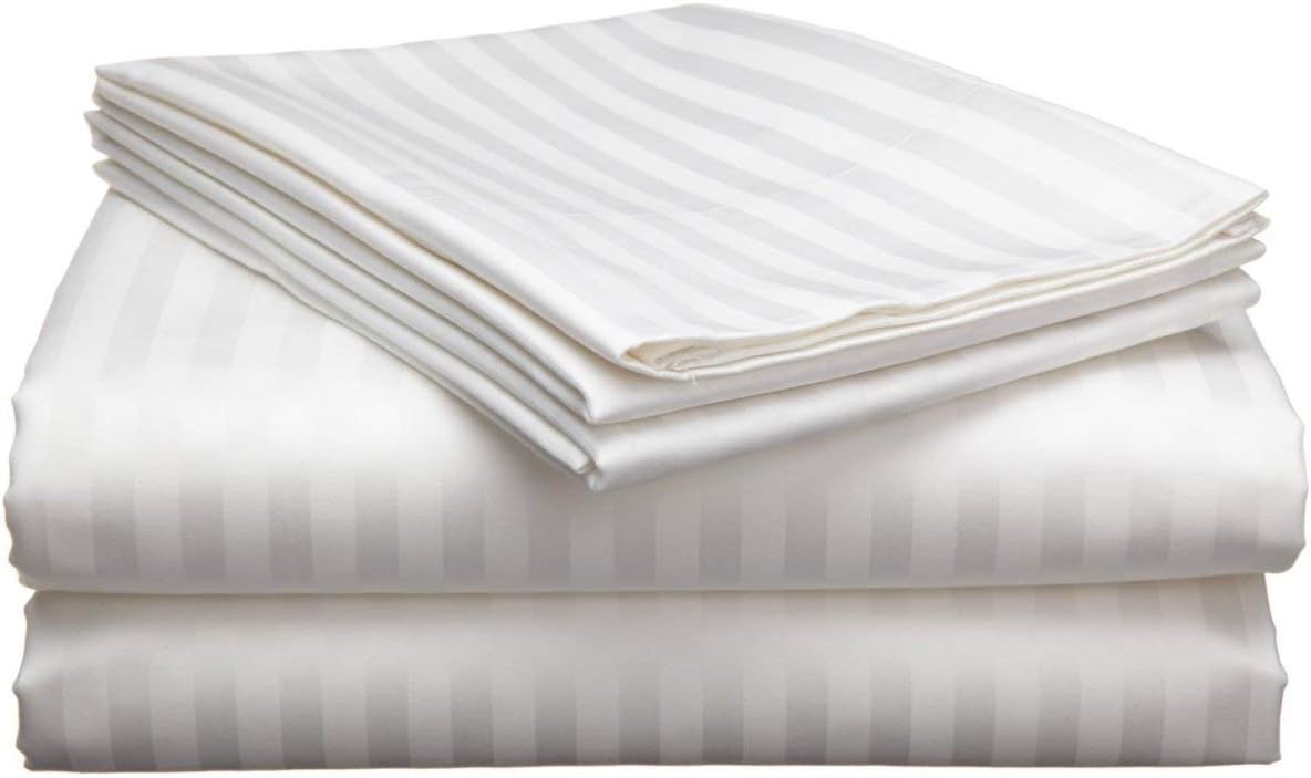 H&H Decor Hotel Premium 4 Pcs Sheet Set 100% Egyptian Cotton Stripe Pattern 600 TC 11-15 Inch Deep Pocket Size (Queen Color White)