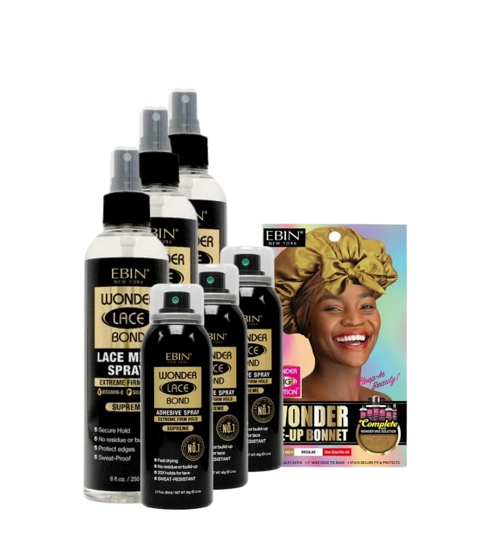 3X Wonder Lace Bond Wig Adhesive Spray – Supreme Bundle with 3X Wonder Lace Bond Melt Spray & 1xWonder Wig Tie-Up Bonnet Campagne Gold – by EBIN NEW YORK – Secure Hold, Seamless – Gift Set 7 Items