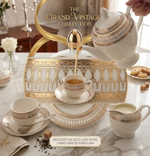 Image of DELIK 17 Piece Ceramic Tea Set | Luxury Teapot Set with Cups, Saucers, Sugar Pot & Milk Jug | Elegant High Tea Set for Home, Wedding & Gift