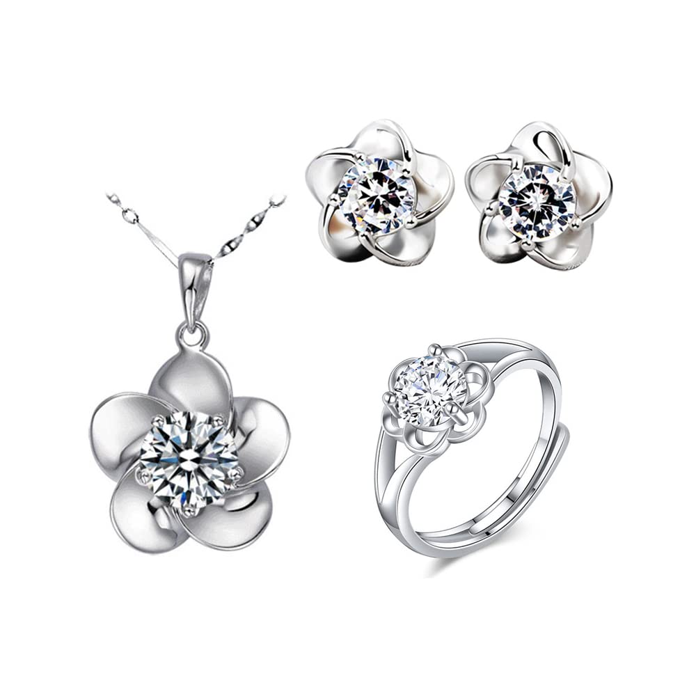Parure De Bijoux Fleur Femme - Collier Et Boucles D'Oreilles Zircon Cubique Coloré