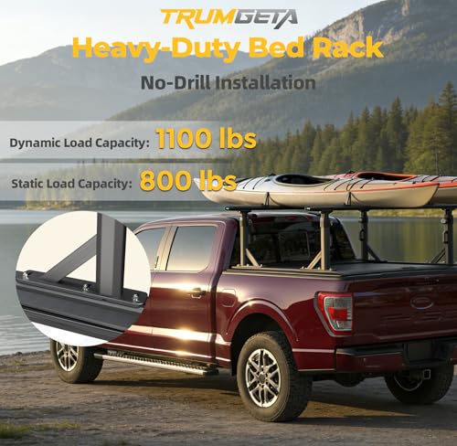Image of TRUMGETA Adjustable Aluminum Truck Ladder Rack Fit for F150 Silverado Ram Sierra Compatible with T-Slot Tonneau Covers, No Drill Installation, Heavy Duty 1100 LBS, Truck Bed Rack for Ladders, Kayaks