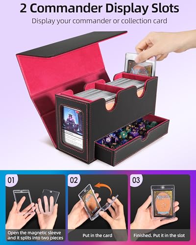 Image of MTG Deck Box, MTG Commander Card Deck Box with Commander Display, Fits 250+ Single Sleeved, Double Card Storage Box with Dice Tray, Magnetic Card Storage Case for CCG TCG Sports Cards, Black Red