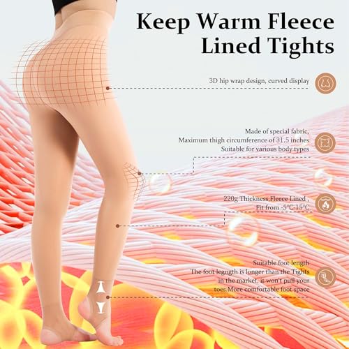 Image of UISLII Fleece Lined Tights Women, Warm Stirrup leggings, Fake Translucent Thermal Skin Colored Tights for Winter(Skin L-T)