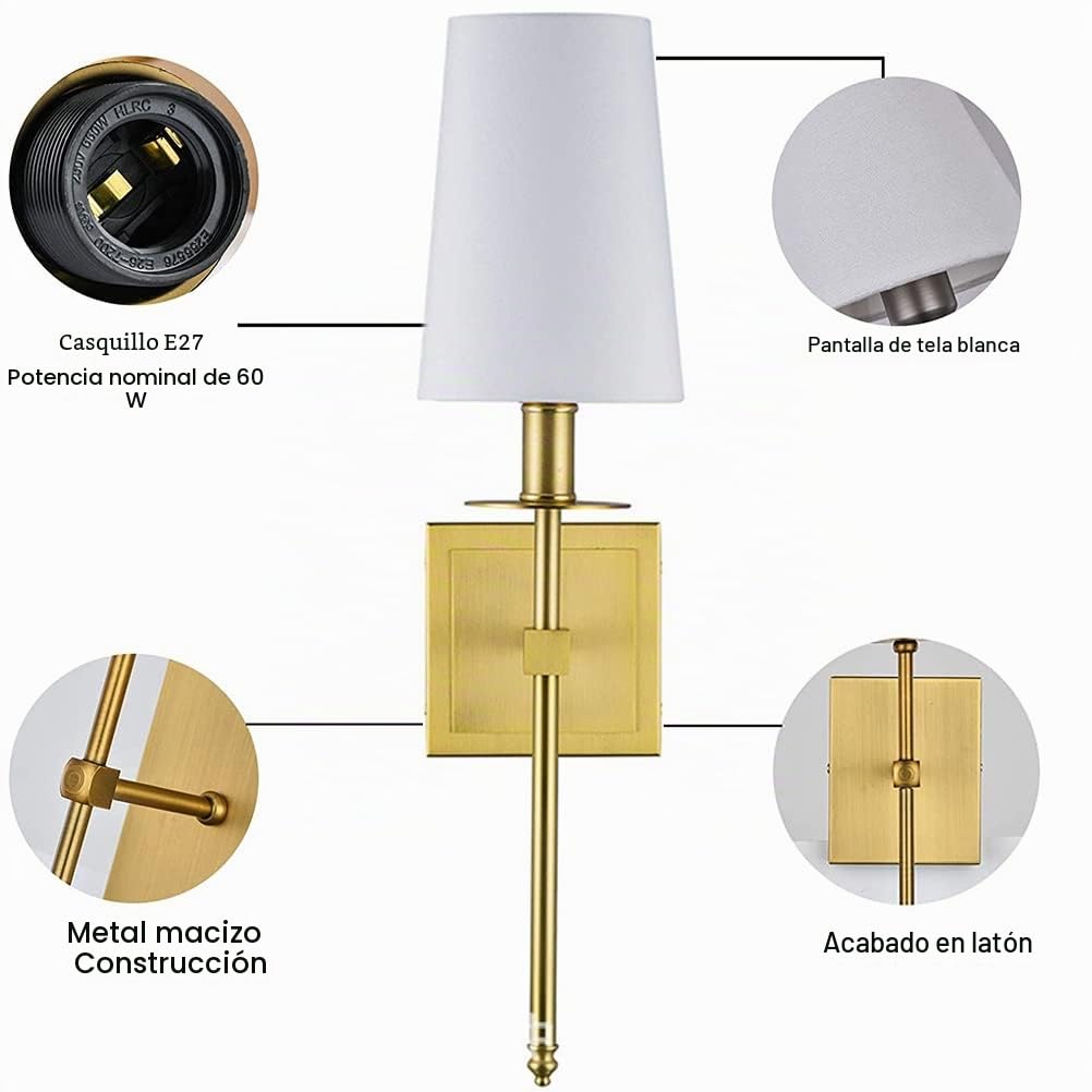 Apliques de Pared Moderna para Salón Dorado, Lámparas de Pared Interior en Metal y Textil Lámpara de Cabecera de Pared Lámpara de Espejo Baño Aplique Luz Baño E27 Aplique Pared con Pantalla de Tela