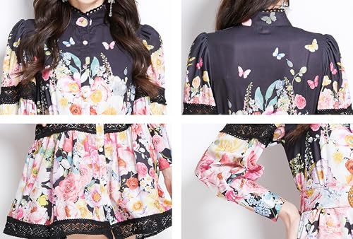 Image of LAI MENG FIVE CATS Women's Hollow Out Floral Print Lantern Sleeve Button Casual Mini Dress