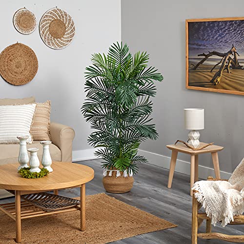 5Ft. Areca Artificial Palm Tree In Boho Chic Handmade Natural Cotton Woven Planter With Tassels Uv Resistant (Indoor/Outdoor) #TOP3