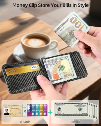 Image of ExtreLife MagSafe Wallet with Money Clip, Work with Apple Find My, Magnetic Phone Wallet Stand for iPhone 17 /16 /15 /14 /13 /12 Series, 8 Card Holder, RFID Blocking, Rechargeable, Carbon Fiber Black