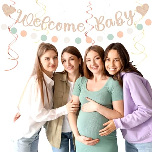 Image of Sage-Green Pink-Beige Baby-Shower Party-Decorations - 36pcs Welcome Home Banner Sign,Girl Paper Lanterns,Neutral Streamers Garland,Boho Tissue Pom Poms Flowers Fans Backdrop Decor Burgleda