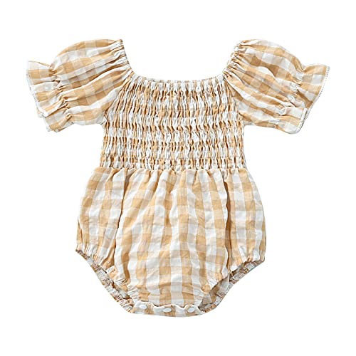 Image of Infant Baby Girl Plaid Romper Baby Short Sleeve Pleated Romper Bodysuit Summer Spring Outfits (Yellow, 6-12 Months)