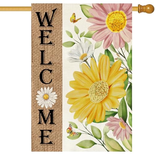 Baccessor Spring Summer House Flag 28 x 40 Inch, Daisy Floral Double Sided Burlap Welcome Large Yard Flag Seasonal Holiday Lawn Proch Outdoor Outside Decor