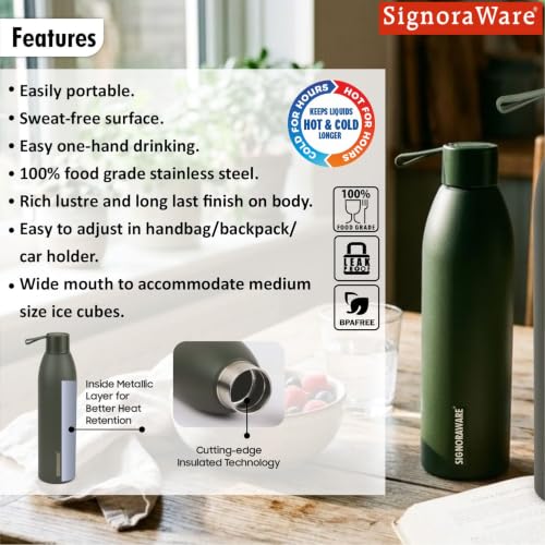 Image of SignoraWare Laguna Vacuum ISI Certified Stainless Steel Bottle,(500ml, Green), Airtight & Leakproof, Retain Freshness For Hours, Ergonomic Design, Ideal for School, Office, Gym Or Outdoors