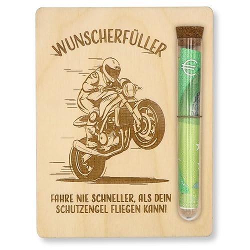 ZUKLA Verpackung Geldgeschenk Motorrad - 13 x 10 cm - mit Reagenzglas - Geldgeschenk Verpackung aus Holz - Geldgeschenke Motorradfahrer - Gutschein Motorrad Geschenke für Männer & Frauen