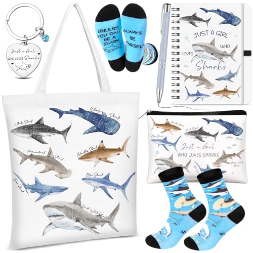 Hestya 6 Pcs Shark Gifts for Ocean Lovers Shopping Tote Bag Keychain Cosmetic Bag Spiral Notebook Ballpoint Pen Socks Just a Girl Who Loves Sharks Birthday Valentine Galentine Gift