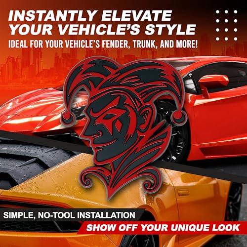 Image of Joker Emblem 3D Jester Badge - Custom Car Decal Sticker for Car, Truck, SUV - Durable Exterior Trunk, Hood, Fender (Set of 2) (Red)