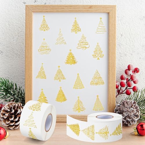 Image of Foil Christmas Tree Stickers - 1000 Pcs Easy Peel Metallic Tree Waterproof Vinyl Reusable Laptop Self Adhesive Stickers Classroom Prizes Water Bottle Page Activity Pad Party Favors Skateboard