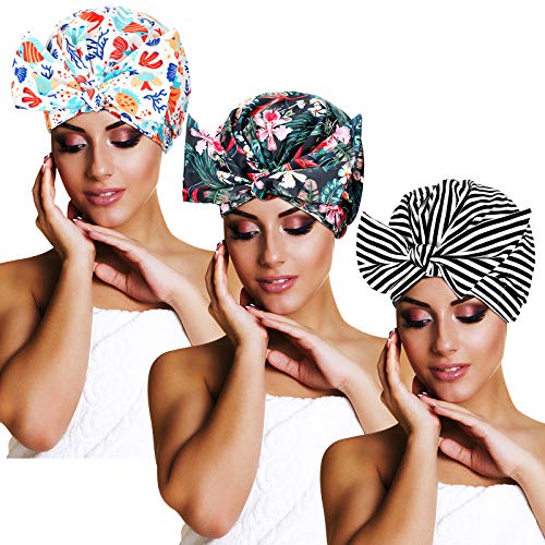 3 Pieces Shower Caps Waterproof Bowknot Bathing Caps Reusable Shower Cap Multi-functional Shower Cap for Women Girls (Stripe, Palm Leaves, Marine Animals)