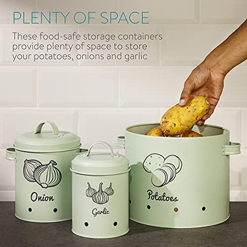 Navaris Storage Tins for Potatoes, Garlic, Onion - Set of 3 Metal Food Bin Container Pots with Lids for Kitchen - Vegetable Containers - Mint Green