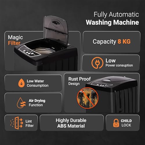 Image of Power Guard 8 Kg Fully Automatic Top Load Washing Machine 5 Star with Oceanus Wave Drum, Fuzzy Logic Control (PG80WMFATL-01, Express Wash, Air Dry, Soft Close Lid, Black)