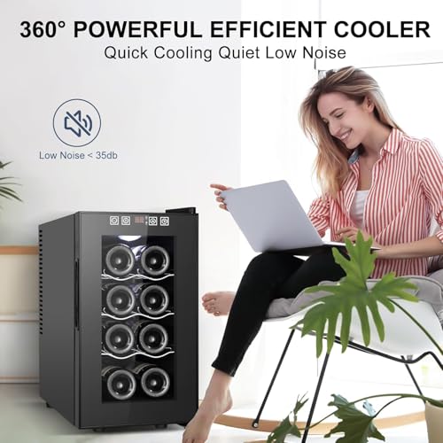 8 Bottles Wine Cooler Refrigerator, Small Wine Fridge, Mini Wine Fridge Countertop with Glass Door Wine Cellars for Red Wine, Champagne, Dry White Wine, Sparkling Wines