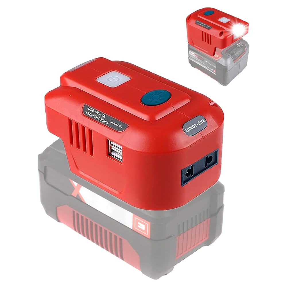 Sarini Convertidor de Voltaje para inversor de batería Einhell de 18 V,Adaptador de batería de CC de 18 V a CA de 220 V con 2 Puertos USB y luz de Trabajo