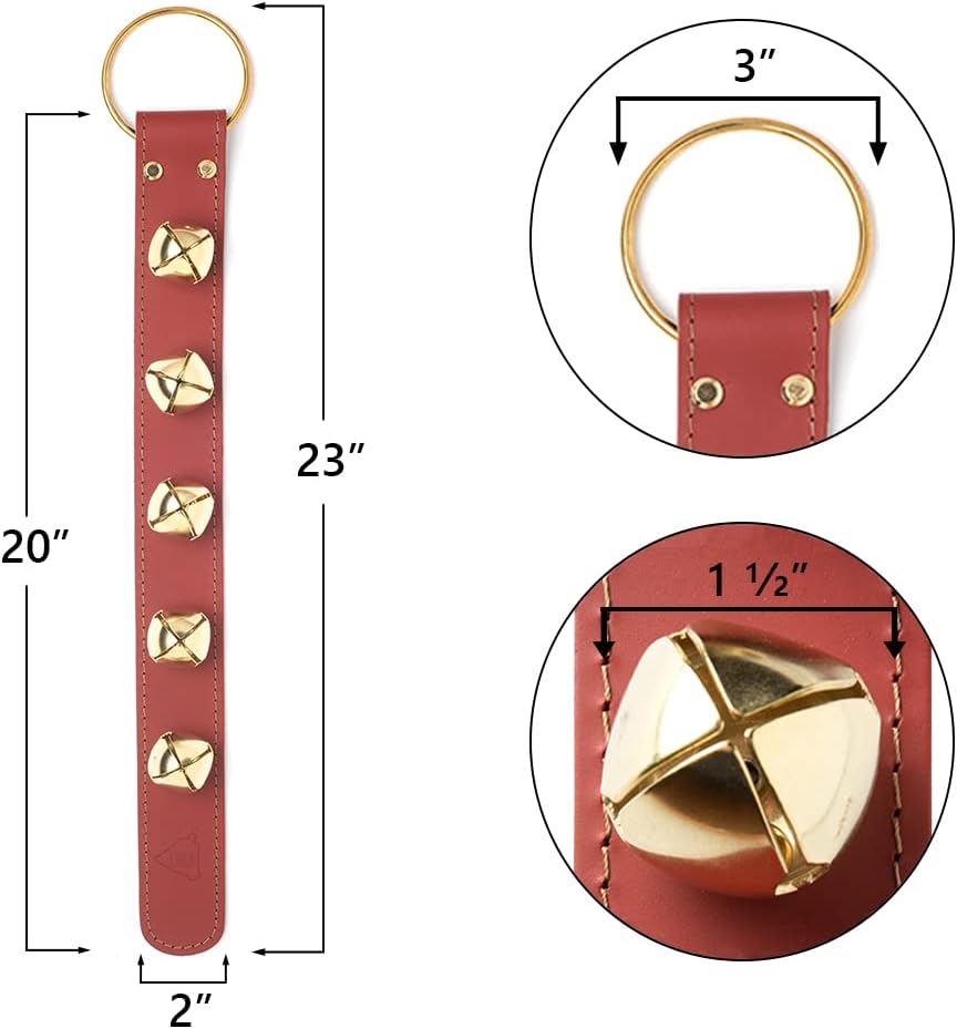 Bevin Bells Leather Sleigh Bell Strap | Five (1 ") Bells | Brown/Brass | Door Hanger | Dog Potty Training | Made of Steel | Christmas Holiday Decoration | Sturdy Hanging Loop | Made in CT, USA