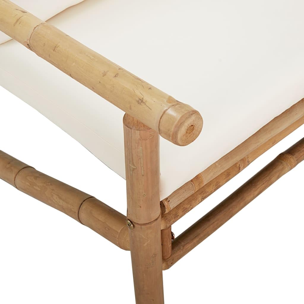 Juego de muebles de jardín de bambú de 3 piezas con cojines de asiento y respaldo de color crema, incluye práctica mesa para comer y beber, sofá modular para exteriores con reposabrazos