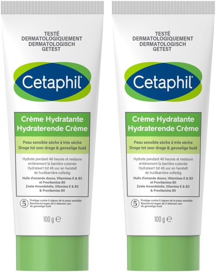 Cetaphil Crema hidratante para cuerpo, 100 g, cara y cuerpo, piel sensible seca a muy seca, crema hidratante, niacinamida, pantenol y glicerina, sin perfume (Paquete de 2)