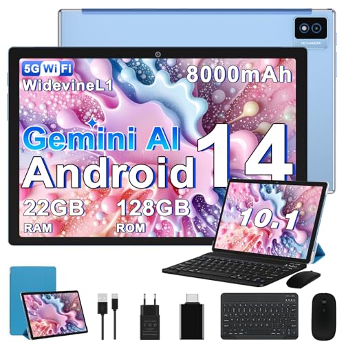 BIEGEDY Tablet 10 Zoll Octa-Core, 22 GB RAM+128 GB ROM (TF 2 TB),8000mAh丨Widevine L1丨GMS丨5G WLAN 6丨5MP+8MP丨Bluetooth 5.0丨1280 * 800丨Metallabdeckung Tablet mit Tastatur Maus Blau