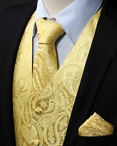 Image of HISDERN Vest and Tie Sets for Men Vests Paisley Floral Jacquard Necktie Pocket Square 3PCS Waistcoat for Suit or Tuxedo