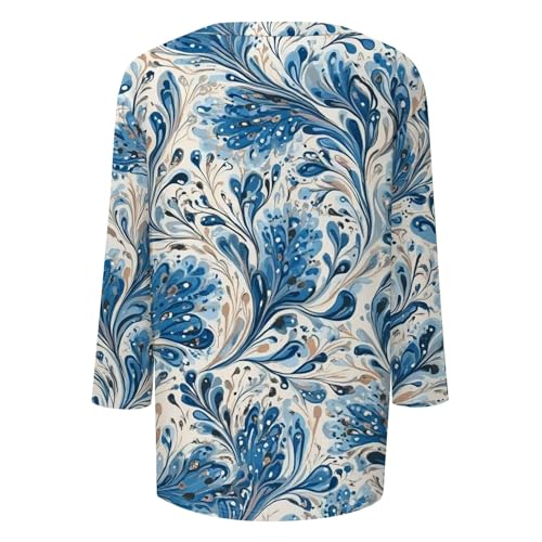 Womens Summer 3/4 Sleeve Tops 2025 Floral Print V Neck Casual Shirts Loose Fit Three Quarter Sleeve Blouses4