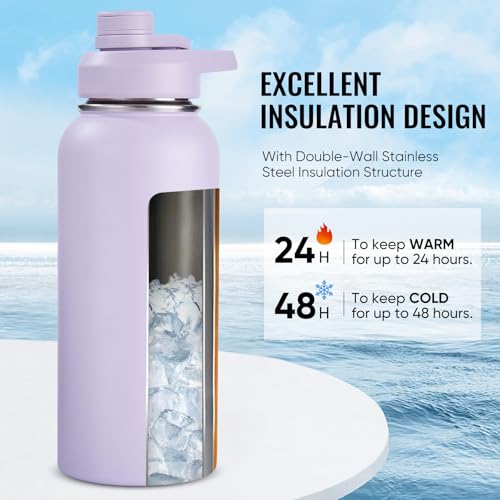 Image of Fijinhom Insulated Water Bottle with Handle, 304 Stainless Steel Water Bottles with Wide Mouth, Double Wall Vacuum Sports Water Bottle, BPA Free, Keep Cold and Hot, 32 Ounces Purple