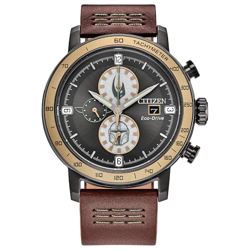 CITIZEN Mens Eco-Drive Mandalorian Chronograph 44mm Two-Tone Ion-Plated Stainless Steel Case with a Brown Leather Strap & Gray Dial (Style: CA0857-09W)